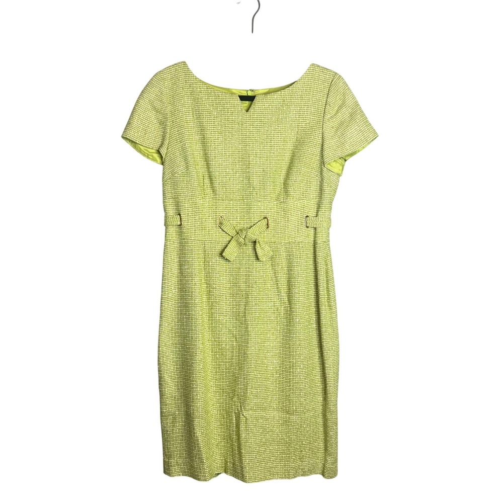 Talbots Tweed Sheath Dress Sz 10P Lime Green Silk Blend Bow Old Money Mod Retro